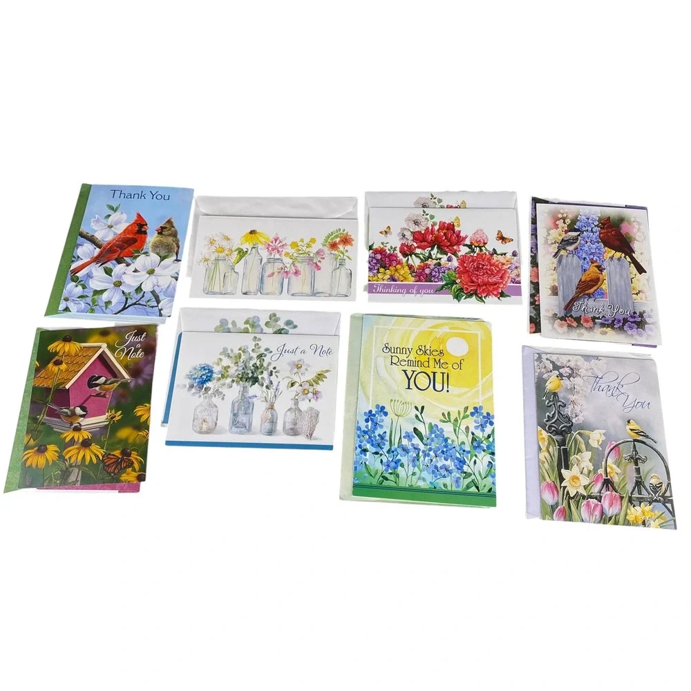 8 Assorted Nature‎ Bird and Floral Greeting Cards with Decorated Envelopes Set